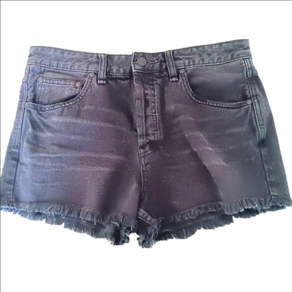 Free People Denim Shorts Womens 29 Black High Rise Frayed Raw Hem Button Fly